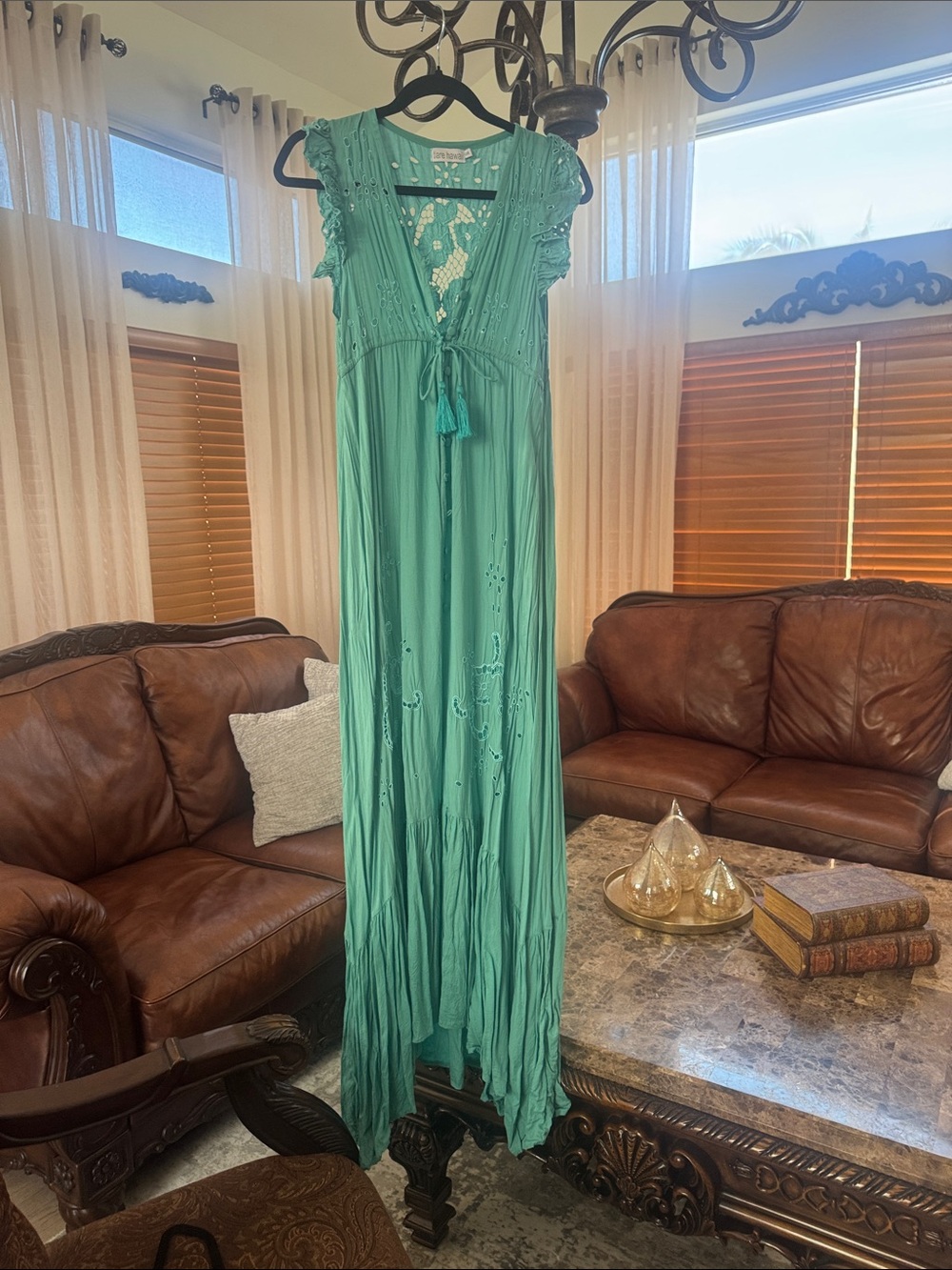 Tiare Hawaii Emerald Green Lace-Trim Maxi Nightgown